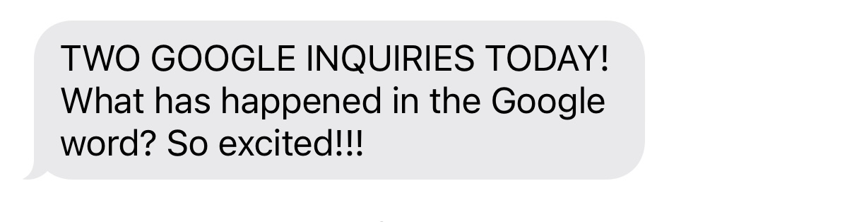 Screenshot of client text about a Google inquiry from a blog