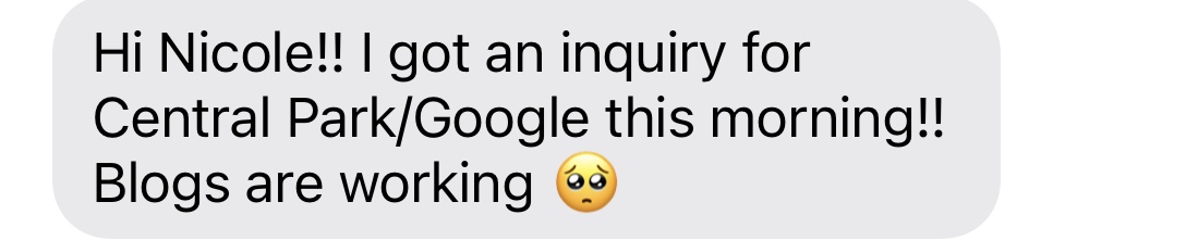 Screenshot of client text about a Google inquiry from a blog